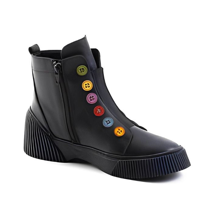 Black leather ankle boots with black platform and inside zipper closureoutsole. Multi-coloured buttons run up front of boot.