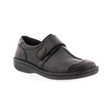 Black slip on shoe with Velcro cross strap with metal detail and detailing stitching