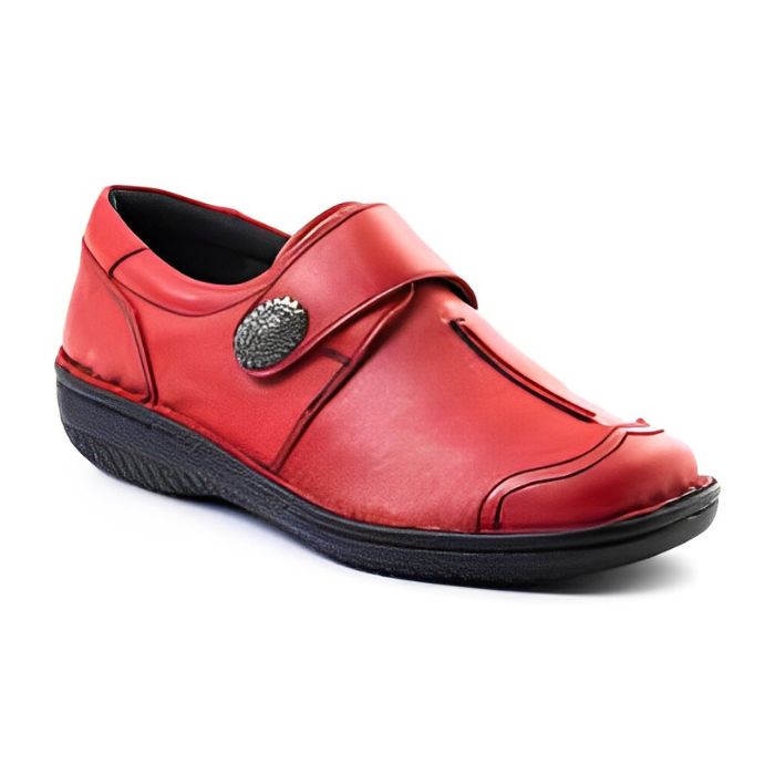 Red slip on shoe with Velcro cross strap with metal detail and detailing stitching