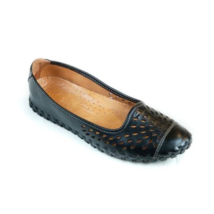Black 1207 Ballet flat by Volks Walkers with circle flower cut-outs at toe with woven design outsole and tan footbed