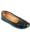 Black 1207 Ballet flat by Volks Walkers with circle flower cut-outs at toe with woven design outsole and tan footbed
