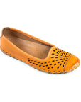 Orange ballerina flats with front cutouts.