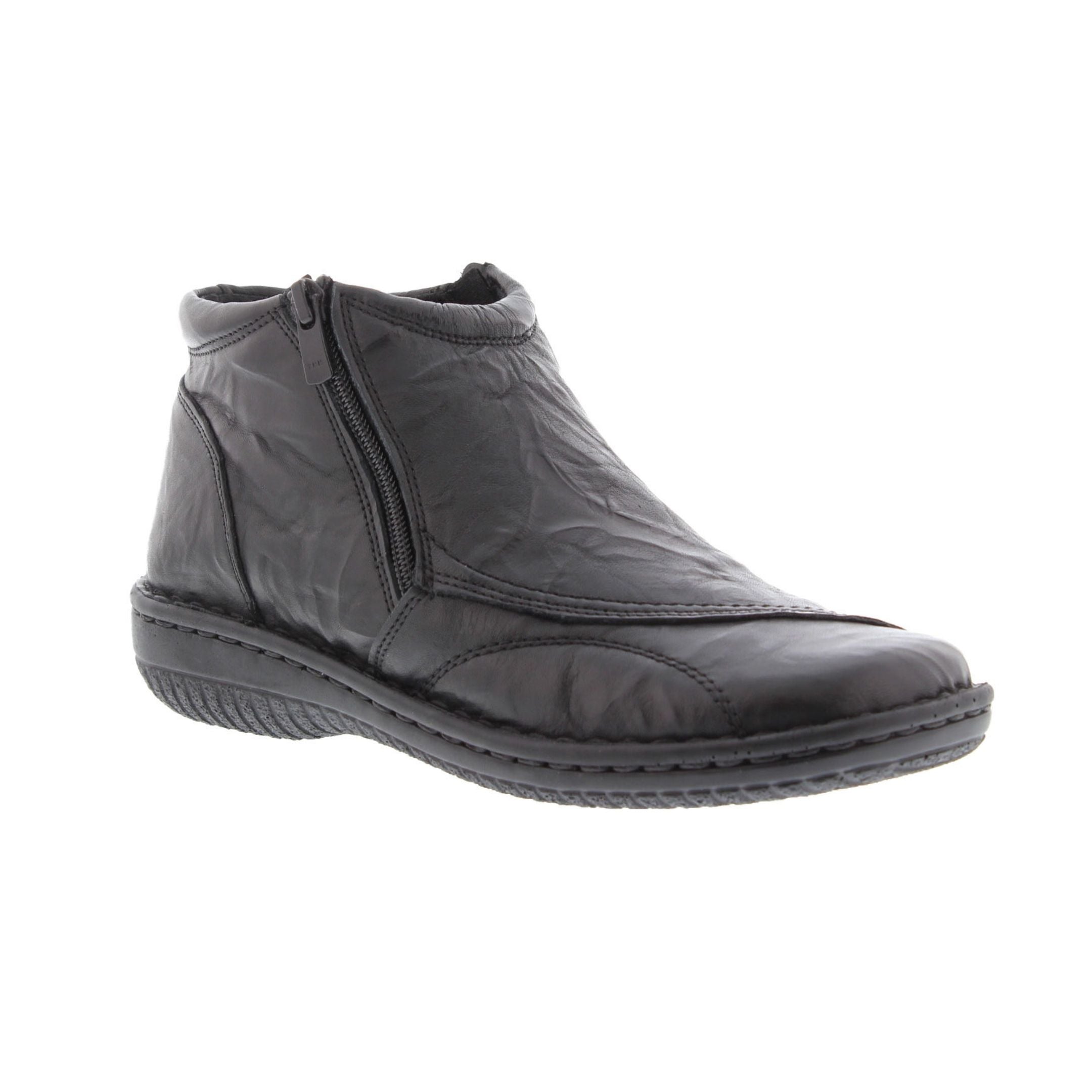 Black Alb ankle boot by Volks Walkers with soft textured upper and side zipper