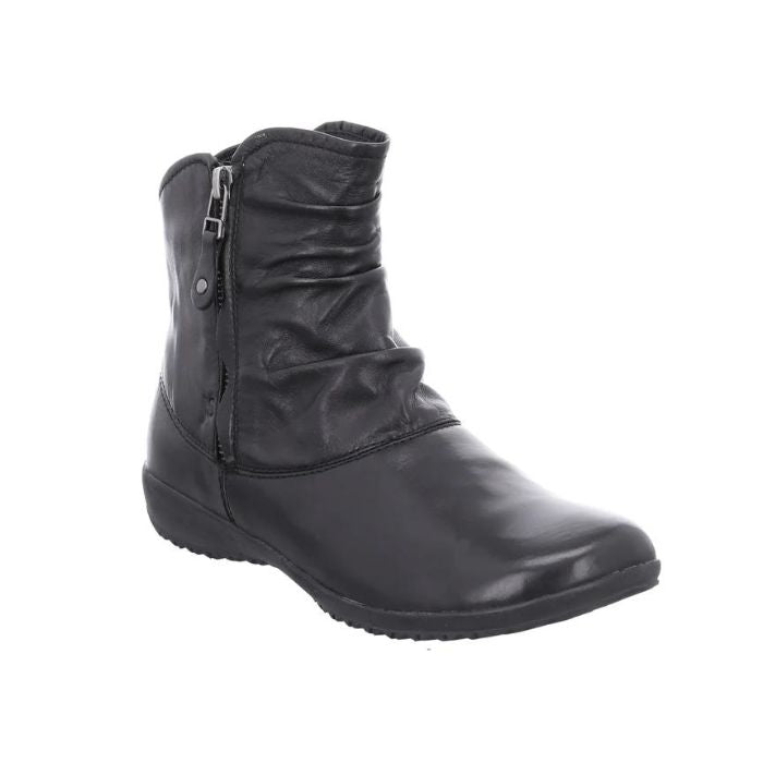 Black leather ankle boot with outside zipper closure and ruching details.