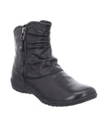 Black leather ankle boot with outside zipper closure and ruching details.