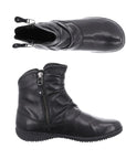 Top and side view of black leather ankle boot with outside zipper closure and ruching details.