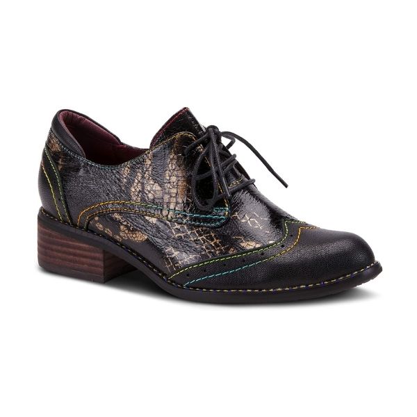 Black leather oxford lace up wit snake print design and stacked heel.