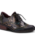 Black leather oxford lace up wit snake print design and stacked heel.