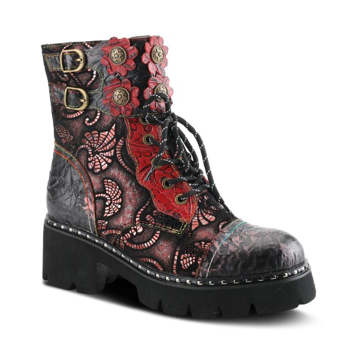 Red and grey leather combat boot with lace closure and black platform outsole.