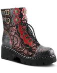 Red and grey leather combat boot with lace closure and black platform outsole.
