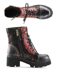Red and grey leather combat boot with lace closure and black platform outsole.