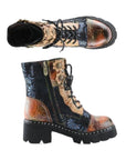 Multicolour combat boot with lace closure and inside zipper. These have a black thick platform outsole.