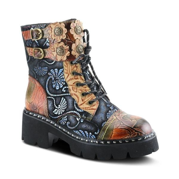 Multicoloured leather combat boot with lace closure and black platform outsole.