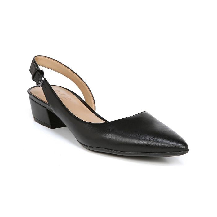 Black leather pointed toe slingback with low heel.