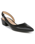 Black leather pointed toe slingback with low heel.