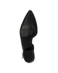 Black outsole of low heeled, pointed toe dress shoe from Naturalizer.