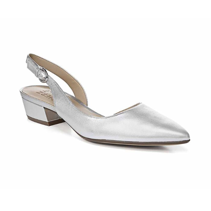 Silver leather pointed toe slingback with low heel.