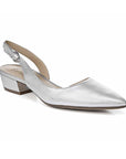Silver leather pointed toe slingback with low heel.