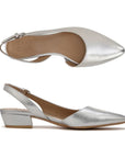 Top and side view of silver leather pointed toe slingback with low heel.