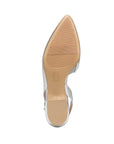 Tan outsole of low heeled, pointed toe dress shoe from Naturalizer.