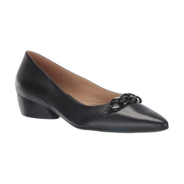 Black leather flat with low heel and chain detailing on pointed toe.
