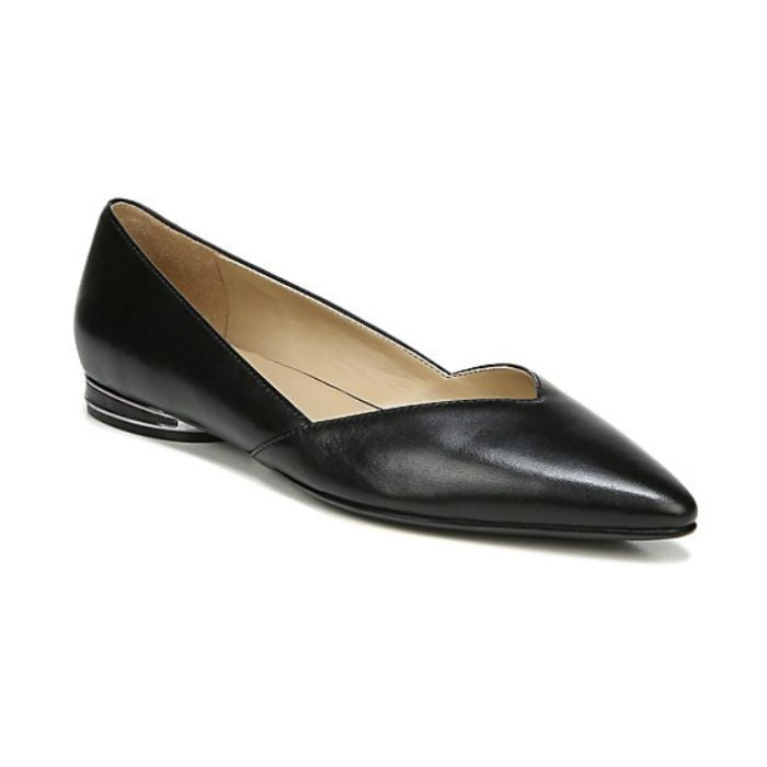 Black leather pointed toe flat with silver detailing on low heel.