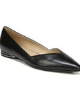 Black leather pointed toe flat with silver detailing on low heel.