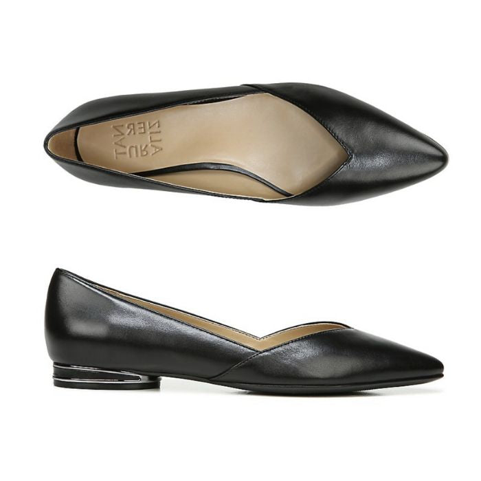 Top and side view of black leather pointed toe flat with silver detailing on low heel. Naturalizer logo imprinted on heel of insole.