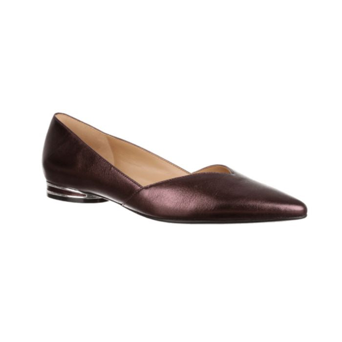 Metallic plum leather pointed toe flat with silver detailing on low heel.