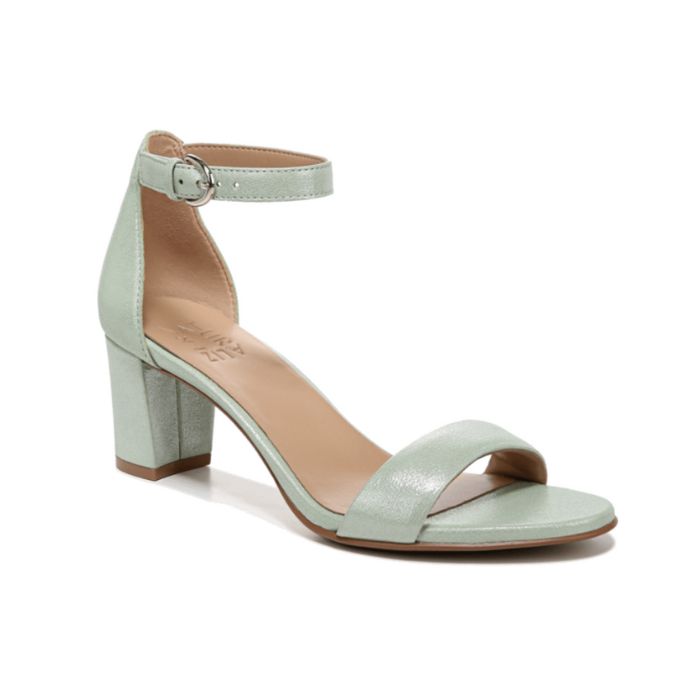 Mint leather heeled sandal with buckled ankle strap.