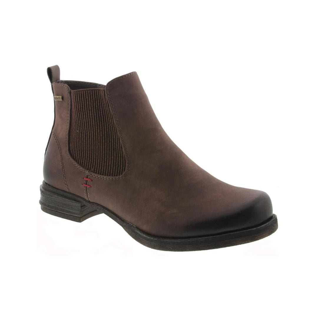 Brown ankle boot with elastic goring, heel pull tab, and red accent stitching.