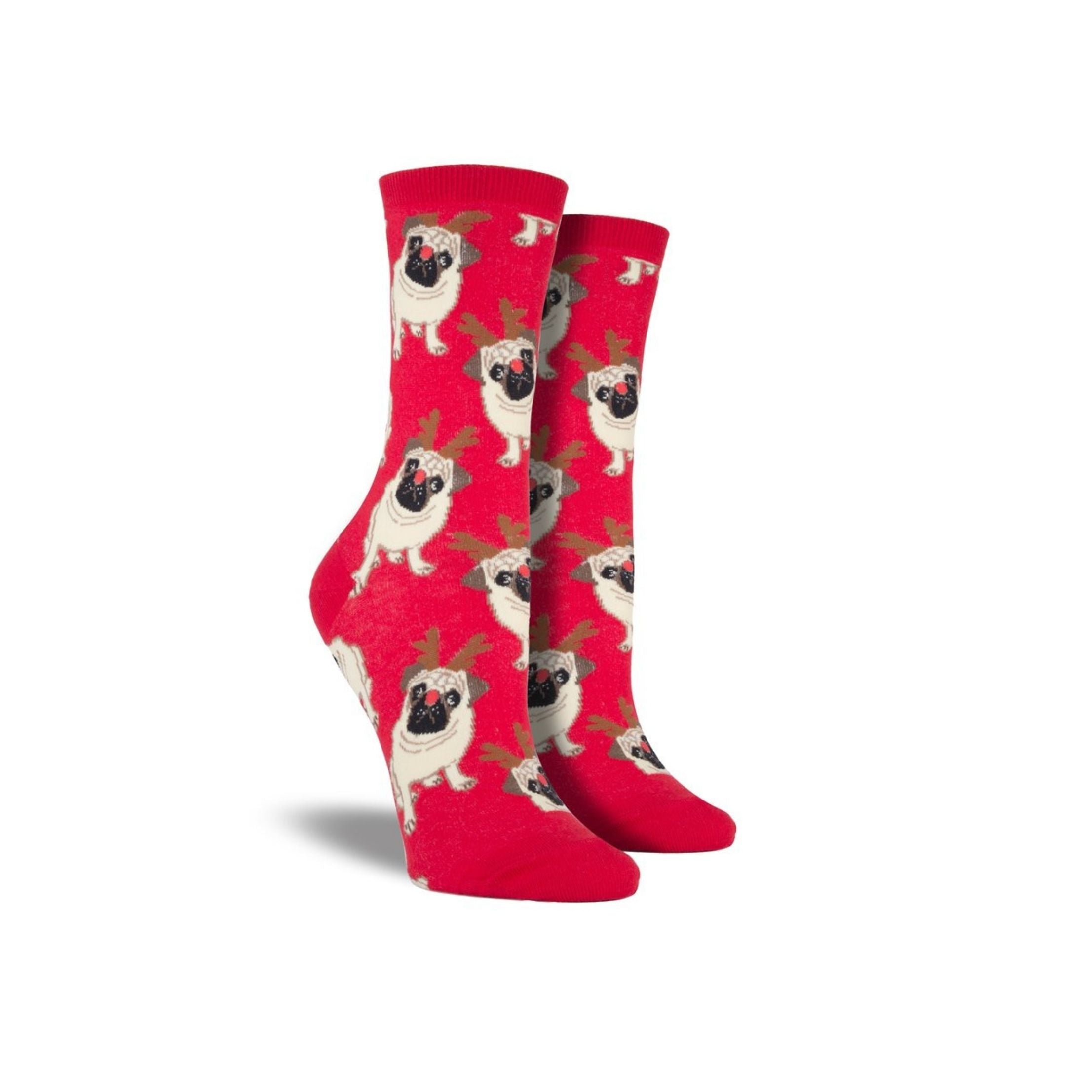 Red socks with pugs wearing reindeer antler and nose 