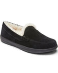 Black suede slip on slipper with white faux fur lining and black out sole.