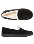 Black suede slip on slipper with white faux fur lining and black out sole.