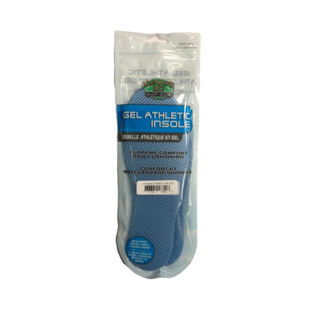 Womens Blue insoles with gel support inside product bag packaging with instructions and brands info