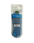 Womens Blue insoles with gel support inside product bag packaging with instructions and brands info