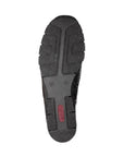 Black outsole with side tread patterns and a red logo oval at heel on the 537C0-00 slip on by Rieker