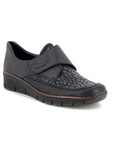 Black Slip-on casual 537C0-00 by Rieker has a cross foot velcro closure, sparkle detailing at the foot upper, slight wedge heel and brown trim line