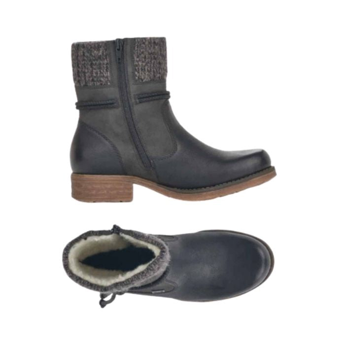 Side view of Rieker black ankle boot has zipper and knit upper, thick lining shown in top view