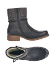 Side view of Rieker black ankle boot has zipper and knit upper, thick lining shown in top view