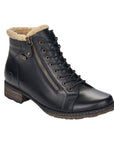 Black ankle boot with lace and zipper closure. Boot has off white faux fur collar and brown outsole.