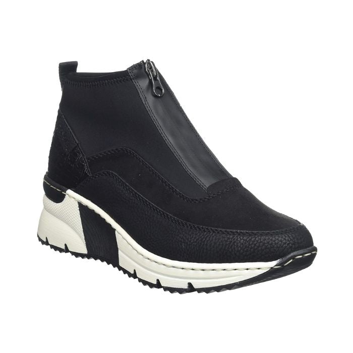 Black top zipper sneaker with white wedge outsole.