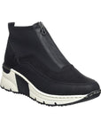 Black top zipper sneaker with white wedge outsole.