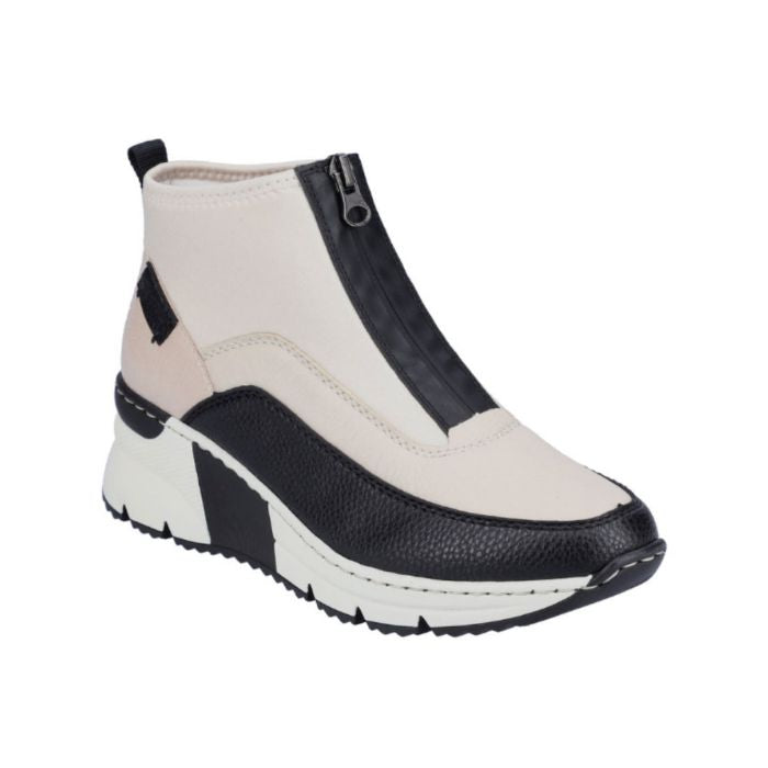 White top zipper sneaker with black accents and black and white wedge outsole.