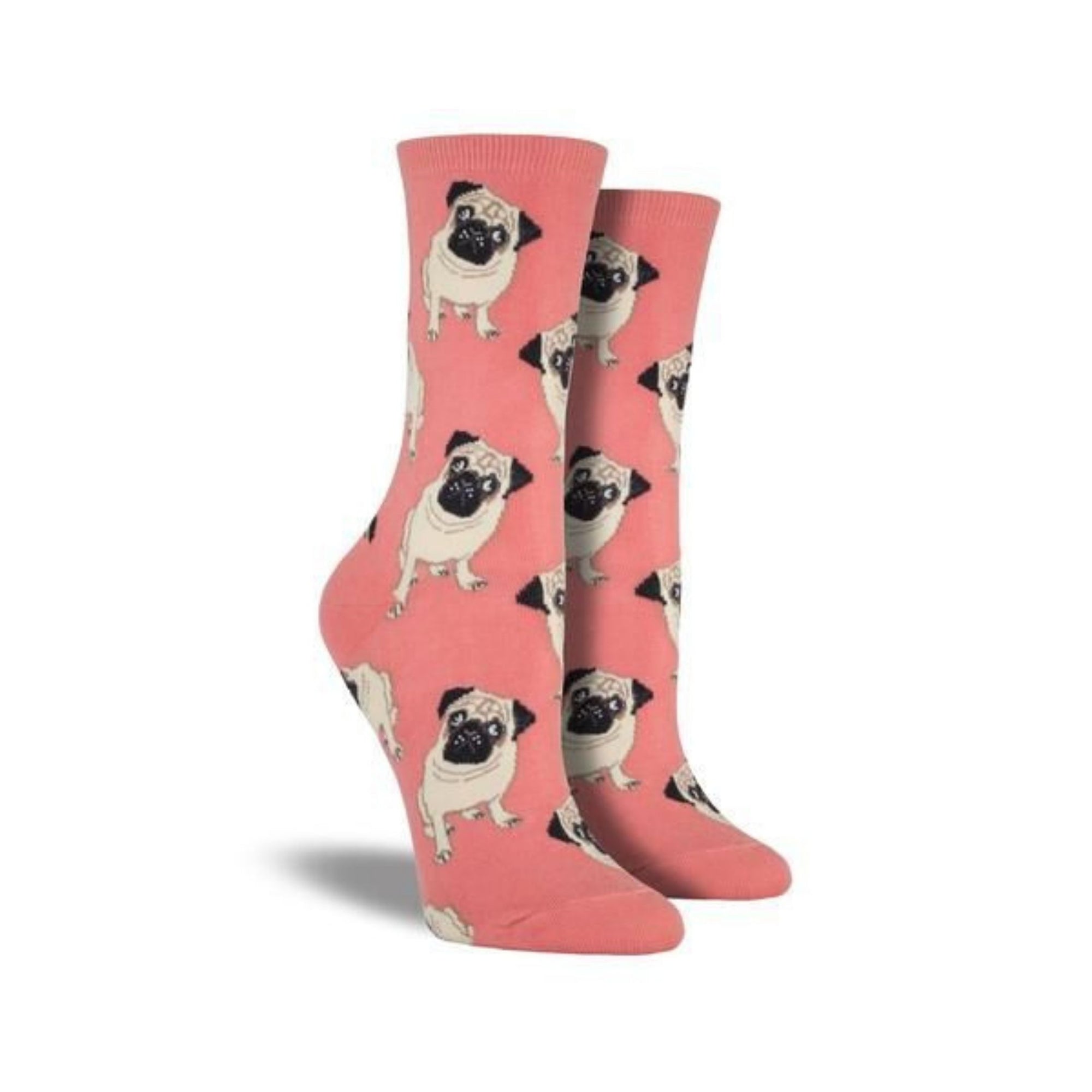 Women's Socksmith Pugs Socks in pink with adorable pug dog design. Stylish cotton crew socks ideal for gifting and everyday outfits.