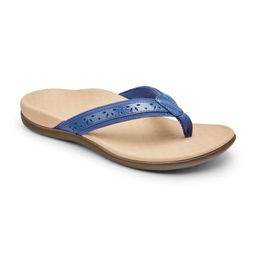 Blue thong sandal with floral laser details with beige supportive footbed and brown outsole.