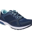 Blue lace up sneaker with light blue accents, white midsole and navy outsole.