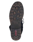 Light treaded black and brown outsole with red Rieker logo on heel.