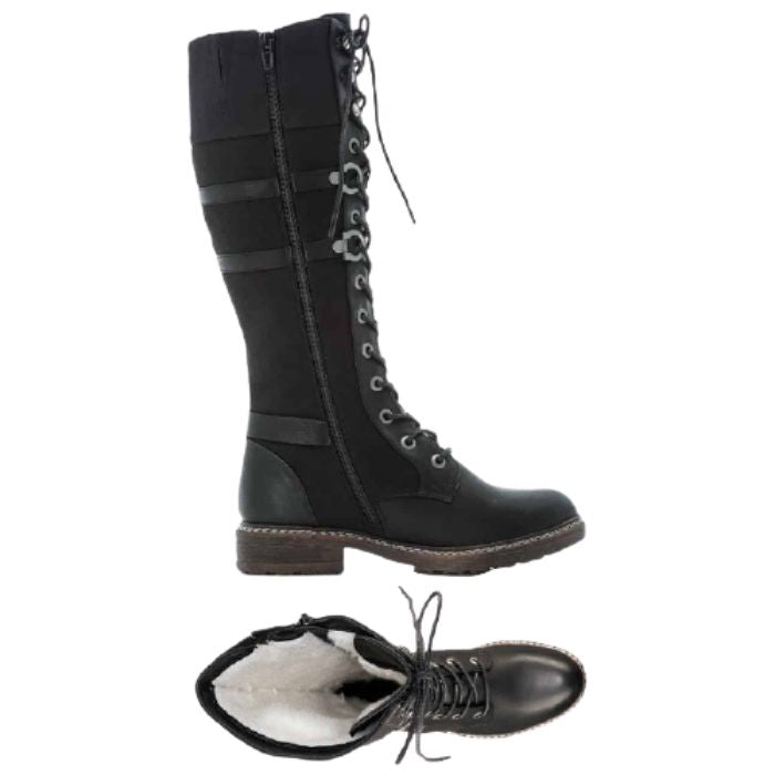 Pair of tall black leather boot with waxed black laces, side zipper and lots of accents in straps, buckles and darker suede. 