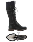 Pair of tall black leather boot with waxed black laces, side zipper and lots of accents in straps, buckles and darker suede. 